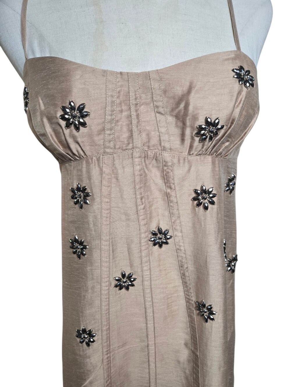 H & M Edition Beige Sheer Embellished Spaghetti Strap Linen Blend Maxi Dress NWT - Picture 3 of 7